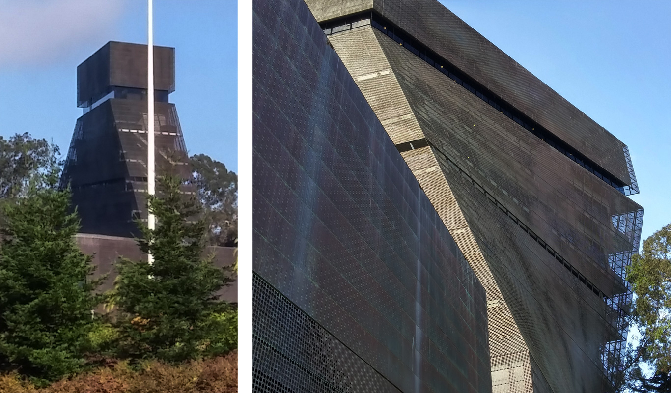 The de Young Museum looks different depending on the angle from which you view it.