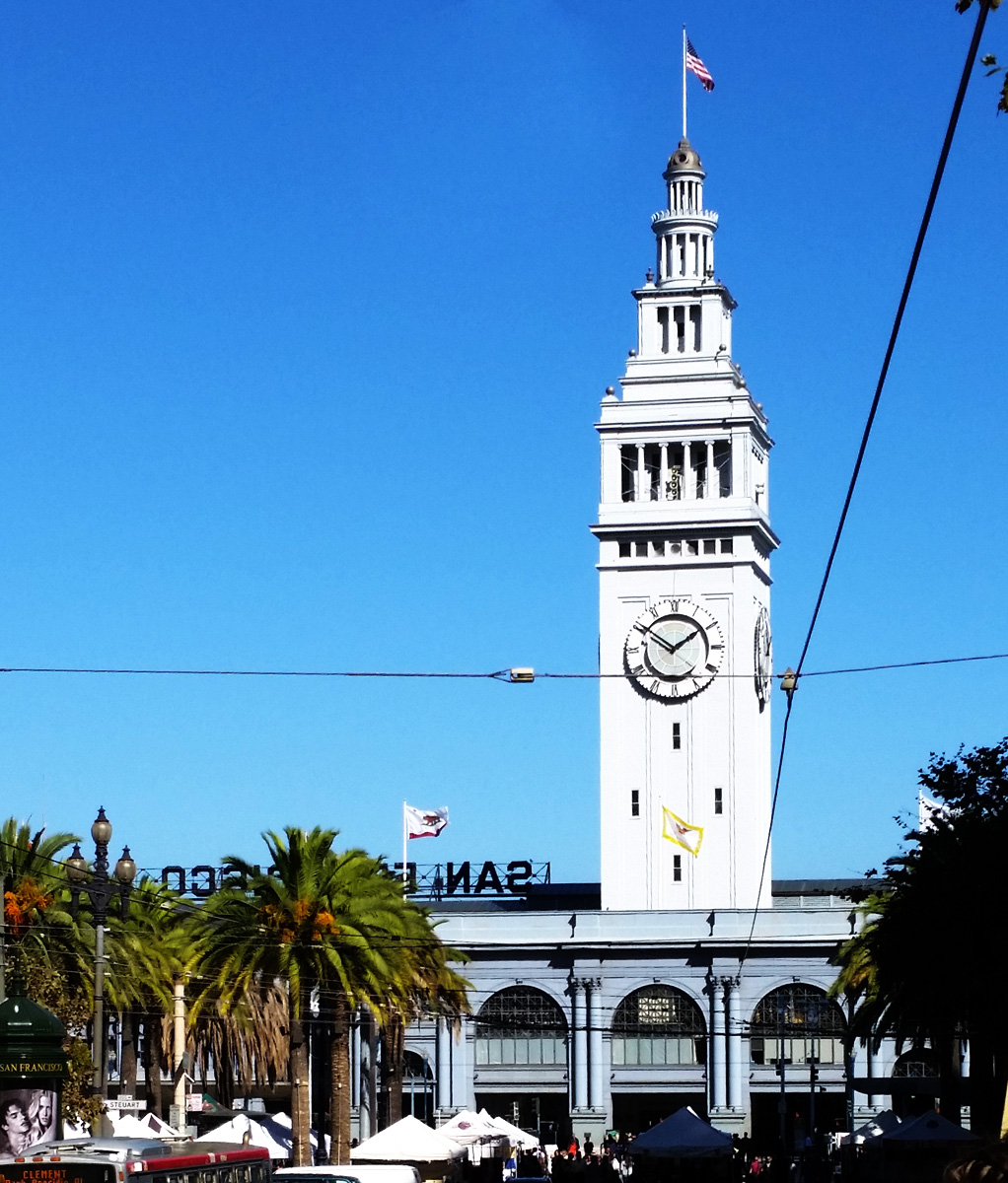 The Ferry Building at the center of the Embarcadero.