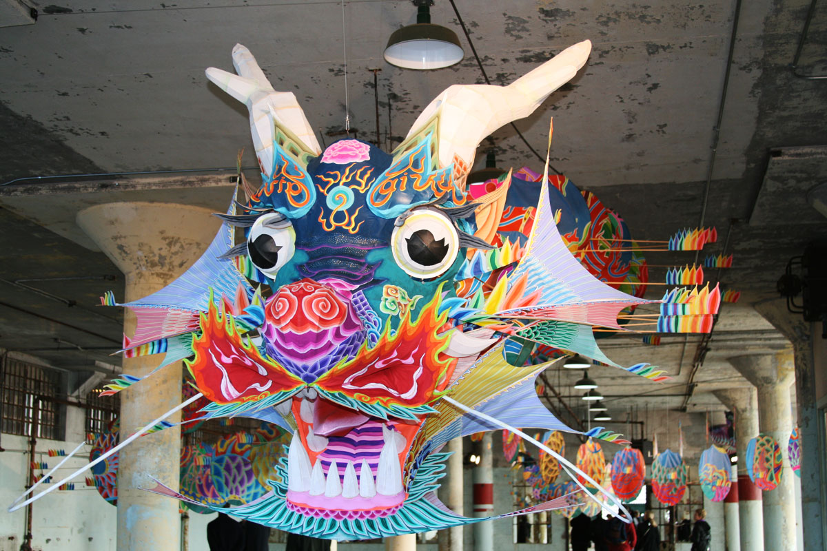 A hanging Chinese dragon built by Ai Weiwei for his exhibition at Alcatraz.