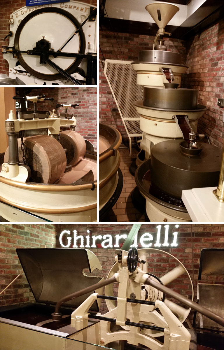 A montage of the chocolate-making process on display at the Ghirardelli Ice Cream Shop at Ghirardelli Square.