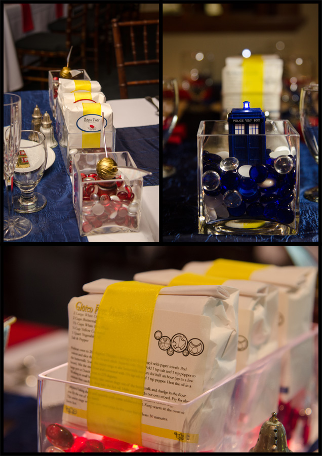 Three images of our centerpieces, featuring flour, the Golden Snitch, and the TARDIS